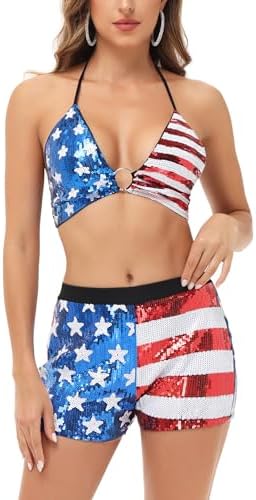Arsimus USA Patriotic 4th of July American Flag Sequins Bra (Small